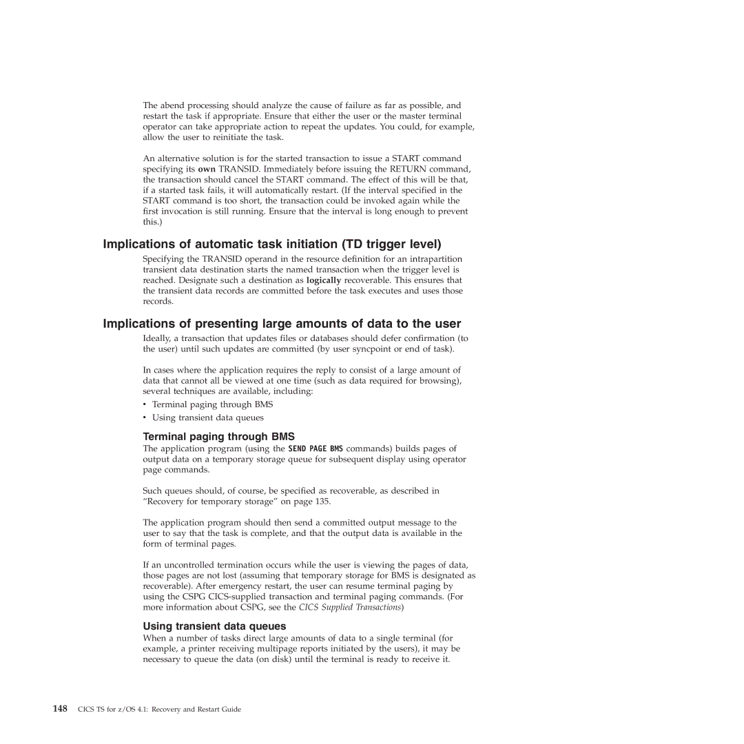 IBM SC34-7012-01 manual Implications of automatic task initiation TD trigger level, Terminal paging through BMS 