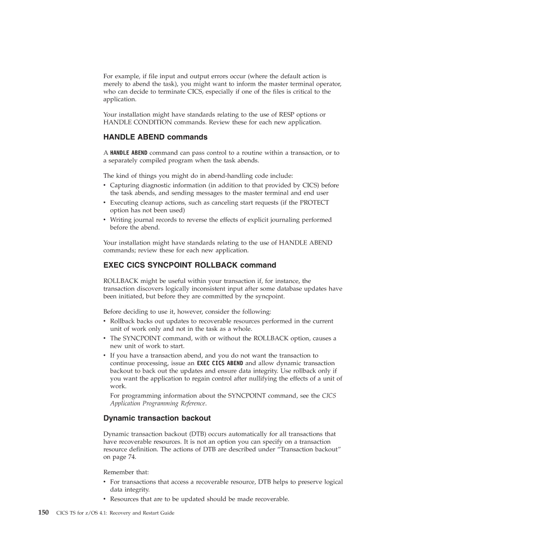 IBM SC34-7012-01 manual Handle Abend commands, Exec Cics Syncpoint Rollback command, Dynamic transaction backout 