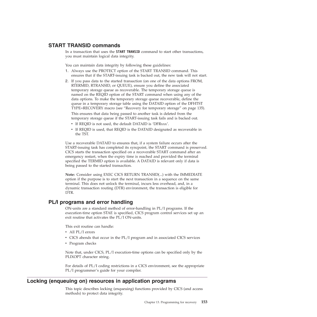 IBM SC34-7012-01 manual Start Transid commands, PL/I programs and error handling 