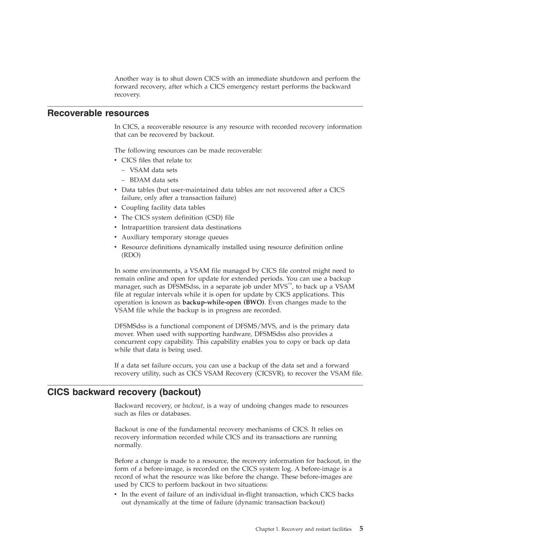 IBM SC34-7012-01 manual Recoverable resources, Cics backward recovery backout 