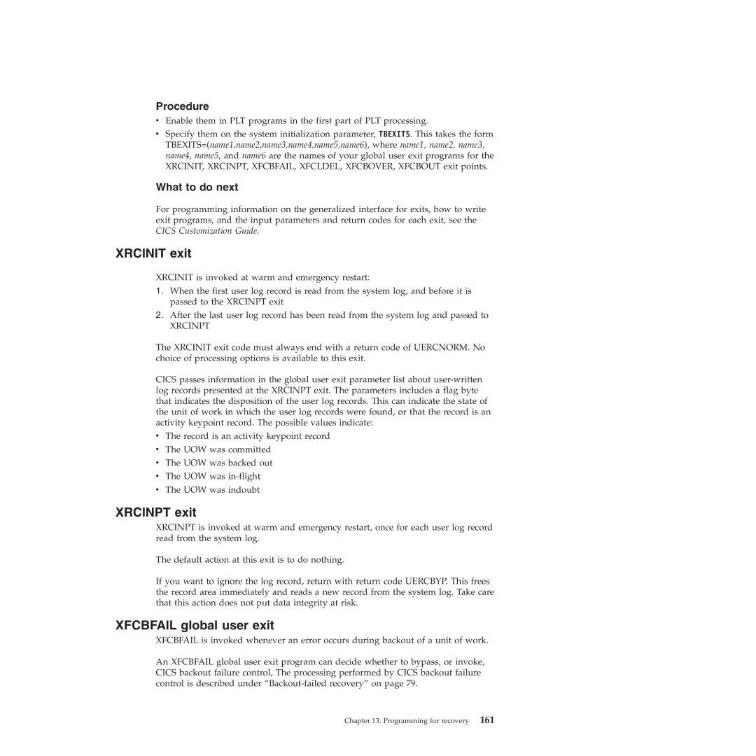 IBM SC34-7012-01 manual Xrcinit exit, Xrcinpt exit, Xfcbfail global user exit 