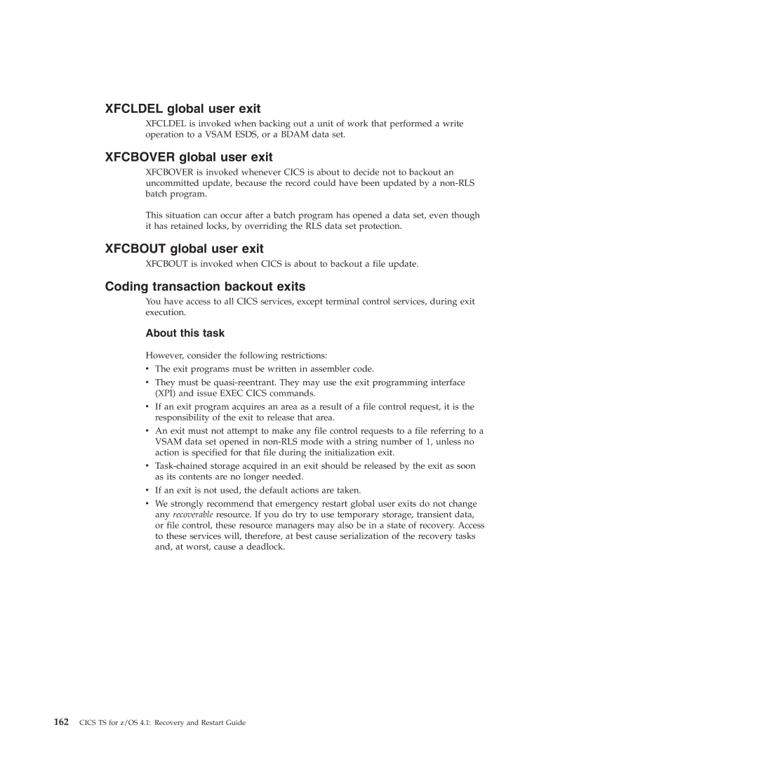 IBM SC34-7012-01 manual Xfcldel global user exit, Xfcbover global user exit, Xfcbout global user exit 