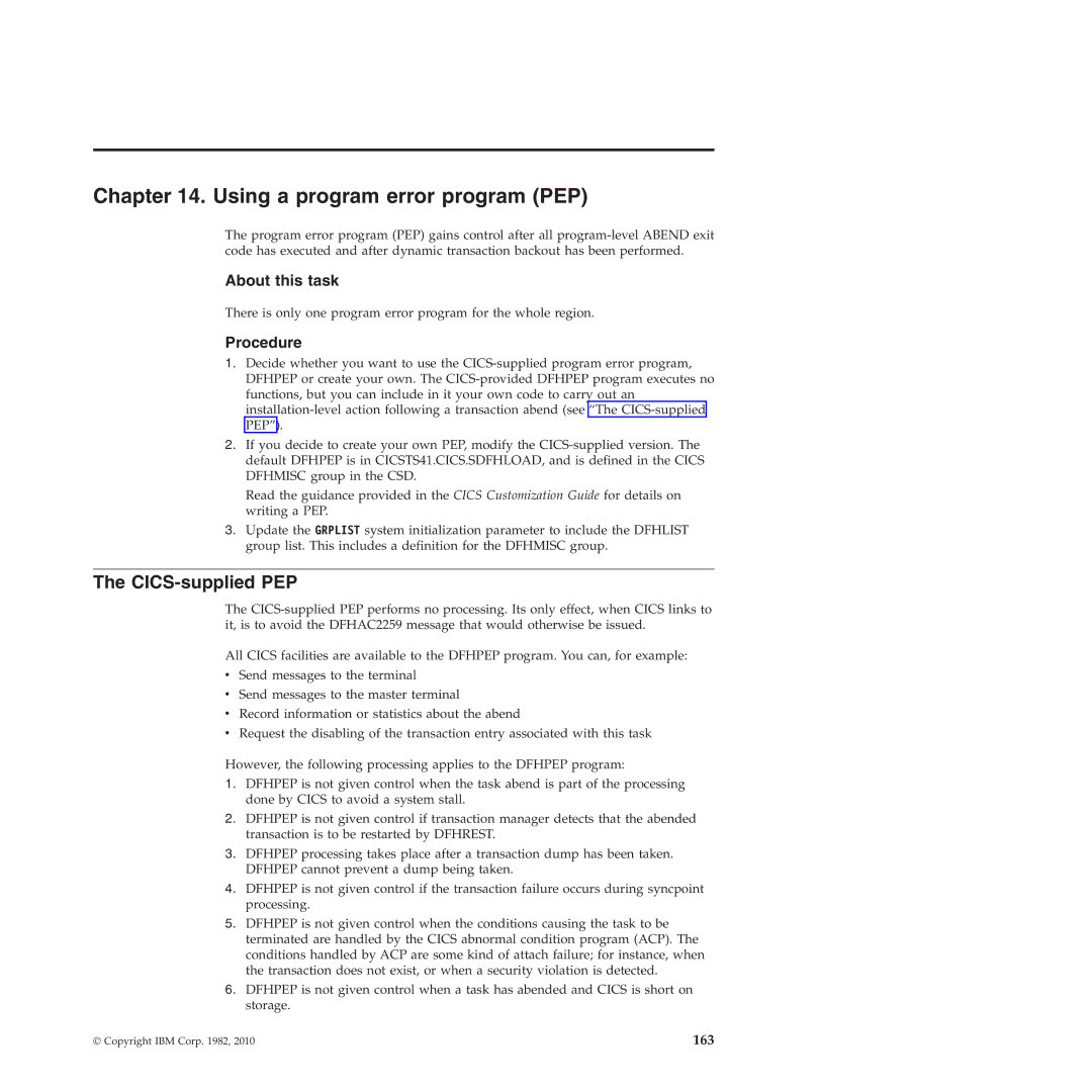 IBM SC34-7012-01 manual Using a program error program PEP, CICS-supplied PEP 