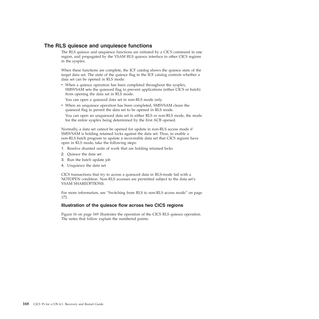 IBM SC34-7012-01 manual RLS quiesce and unquiesce functions, Illustration of the quiesce flow across two Cics regions 