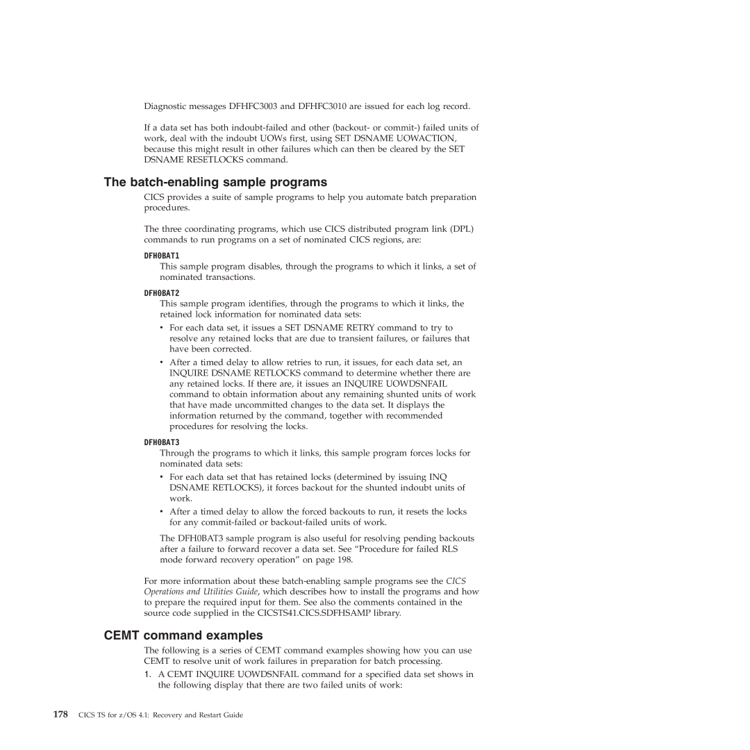 IBM SC34-7012-01 manual Batch-enabling sample programs, Cemt command examples 