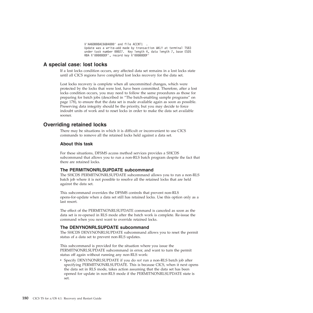 IBM SC34-7012-01 manual Special case lost locks, Overriding retained locks, Permitnonrlsupdate subcommand 