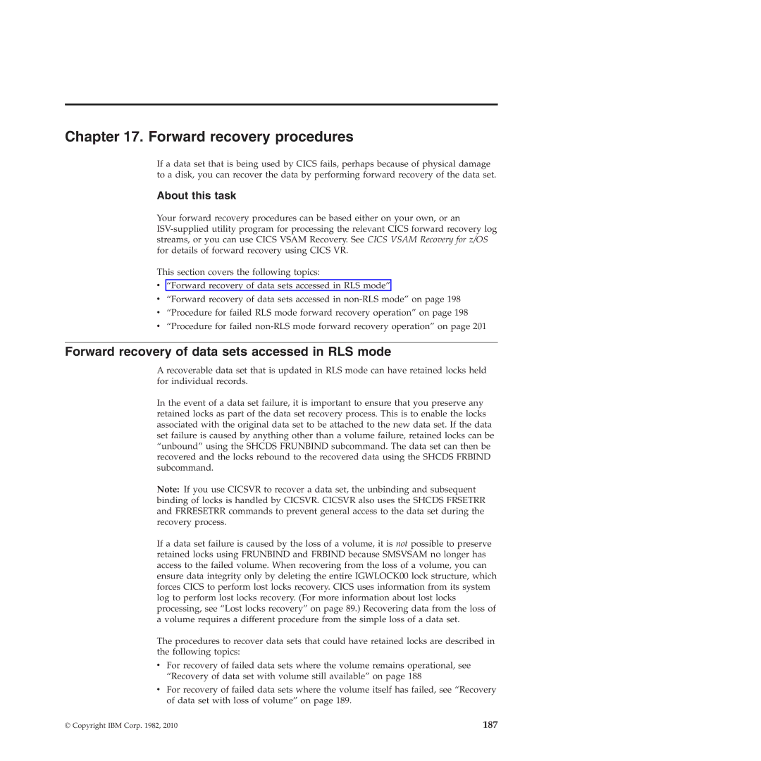 IBM SC34-7012-01 manual Forward recovery procedures, Forward recovery of data sets accessed in RLS mode 