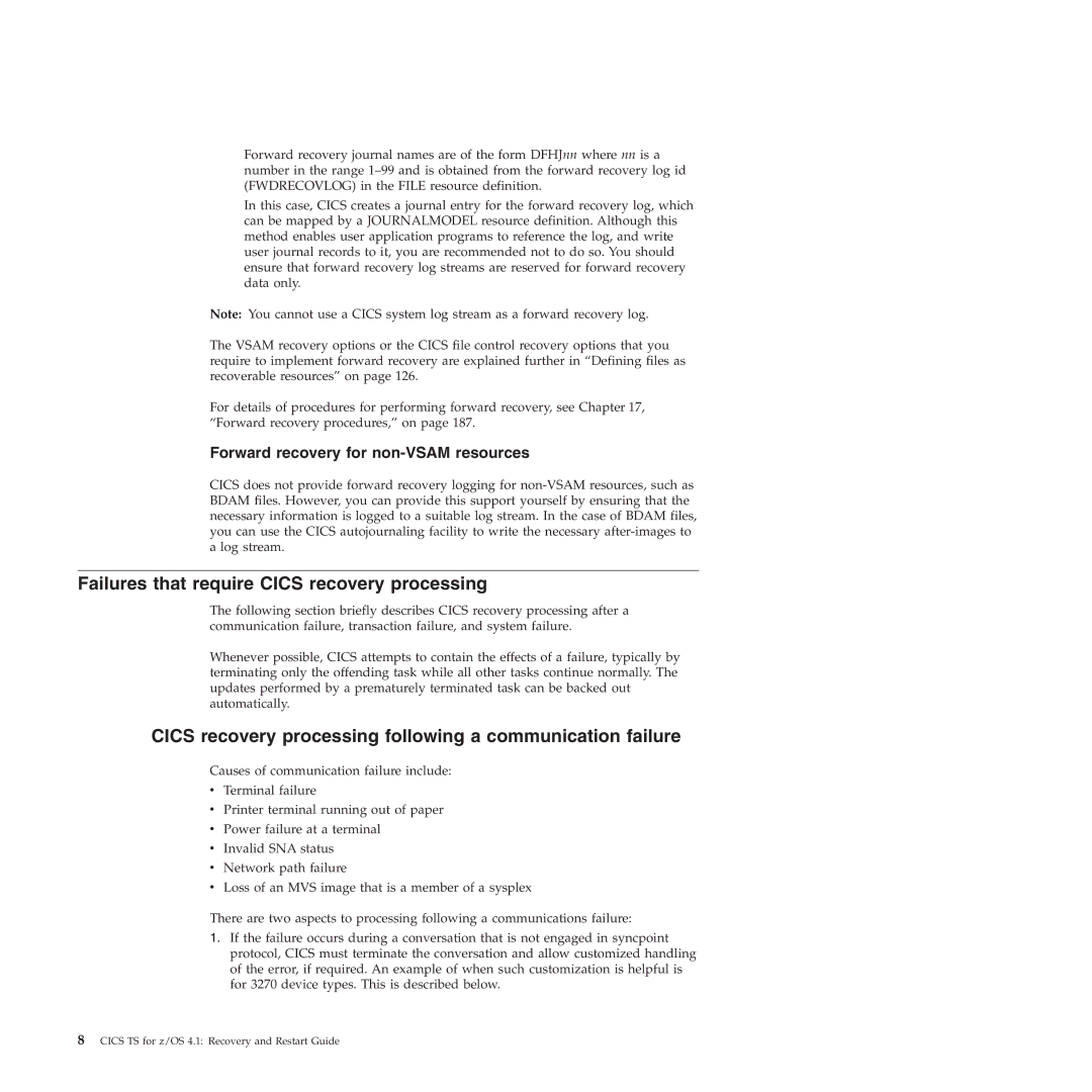 IBM SC34-7012-01 manual Failures that require Cics recovery processing, Forward recovery for non-VSAM resources 