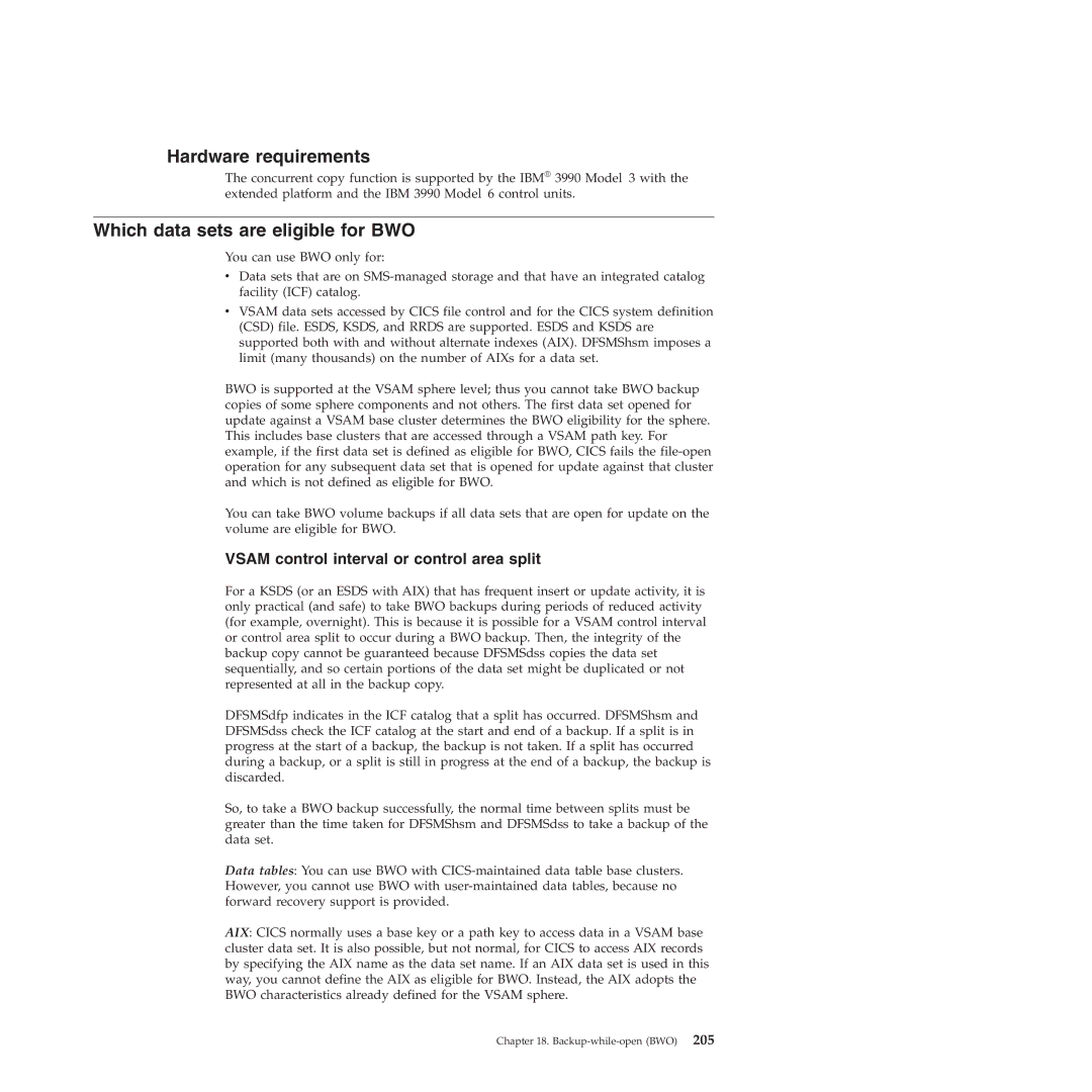 IBM SC34-7012-01 Hardware requirements, Which data sets are eligible for BWO, Vsam control interval or control area split 