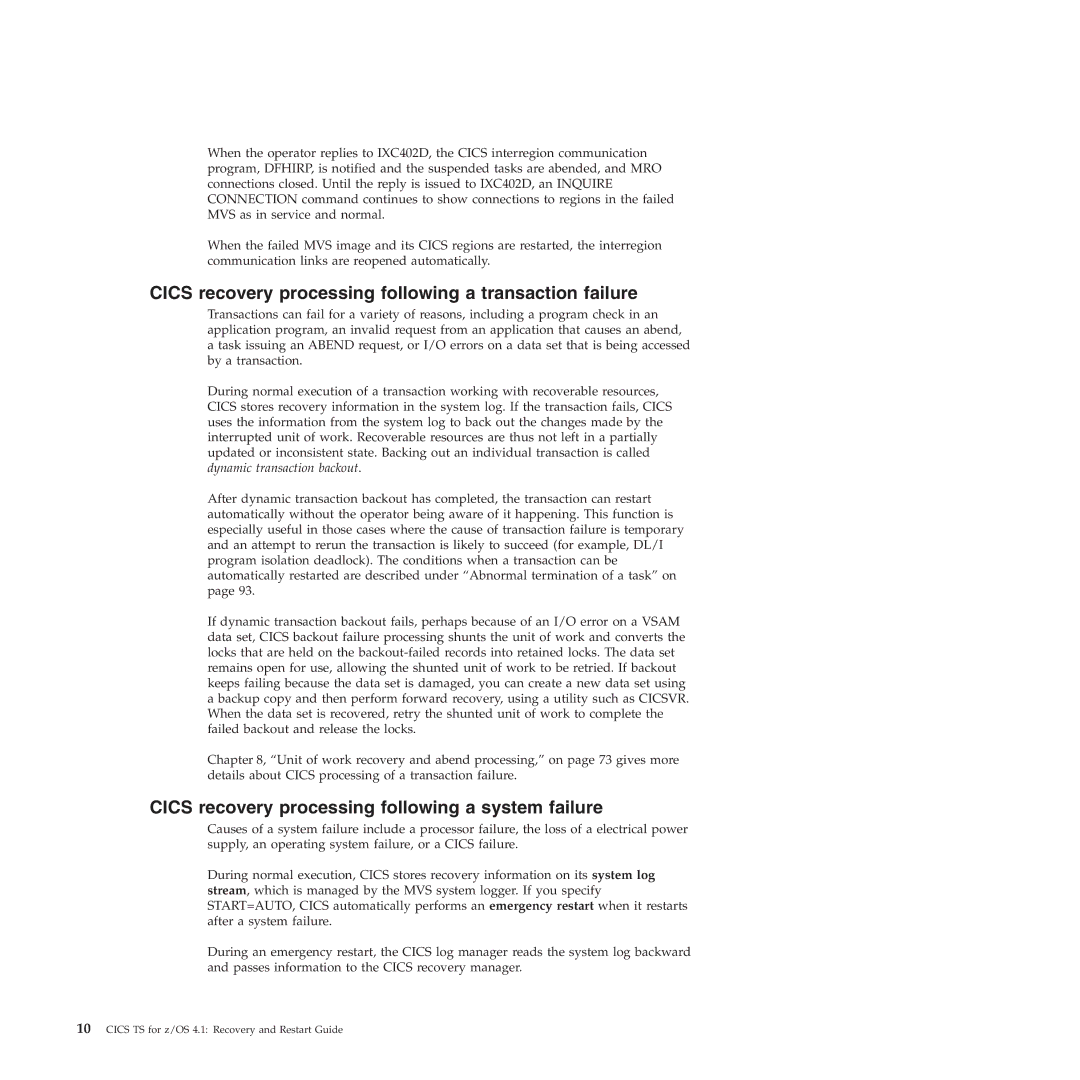 IBM SC34-7012-01 manual Cics recovery processing following a transaction failure 