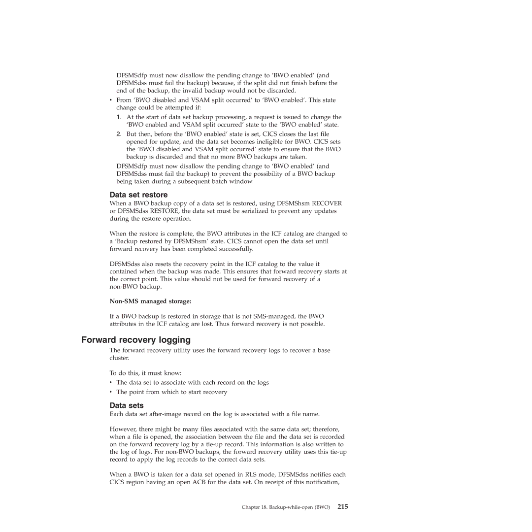 IBM SC34-7012-01 manual Forward recovery logging, Data set restore, Data sets, Non-SMS managed storage 