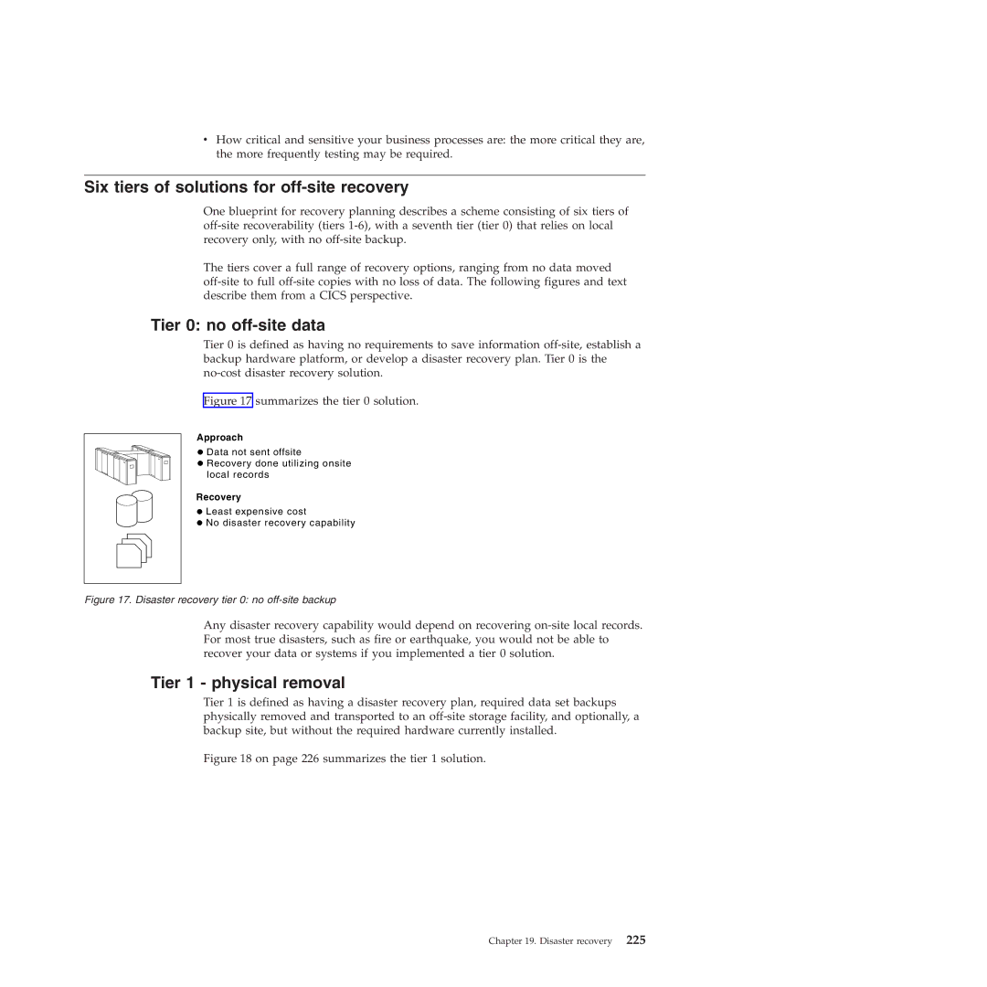 IBM SC34-7012-01 manual Six tiers of solutions for off-site recovery, Tier 0 no off-site data, Tier 1 physical removal 