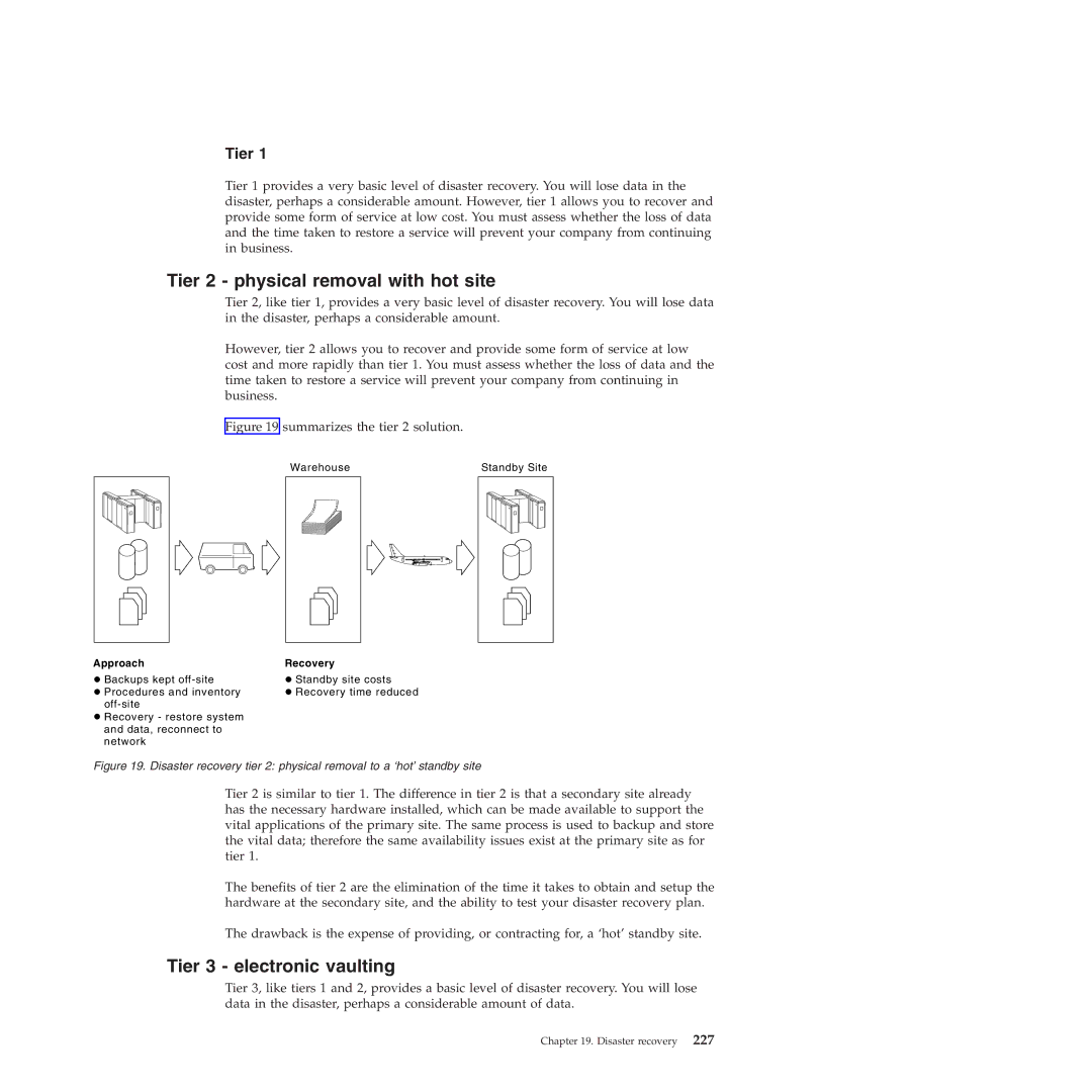 IBM SC34-7012-01 manual Tier 2 physical removal with hot site, Tier 3 electronic vaulting 