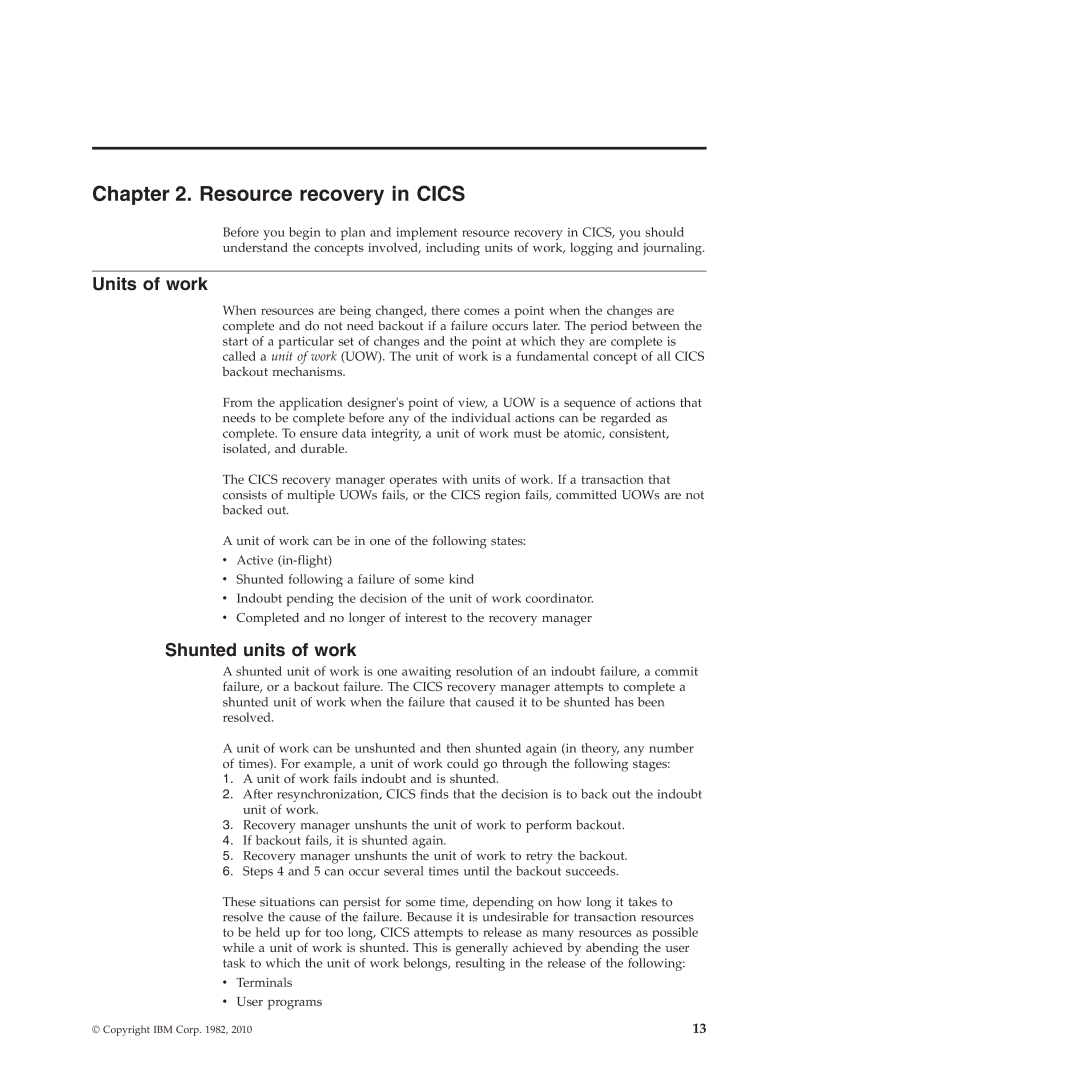 IBM SC34-7012-01 manual Resource recovery in Cics, Units of work, Shunted units of work 