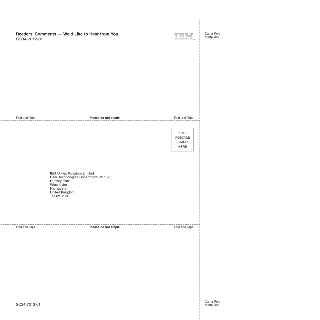 IBM SC34-7012-01 manual Readers’ Comments Wed Like to Hear from You 