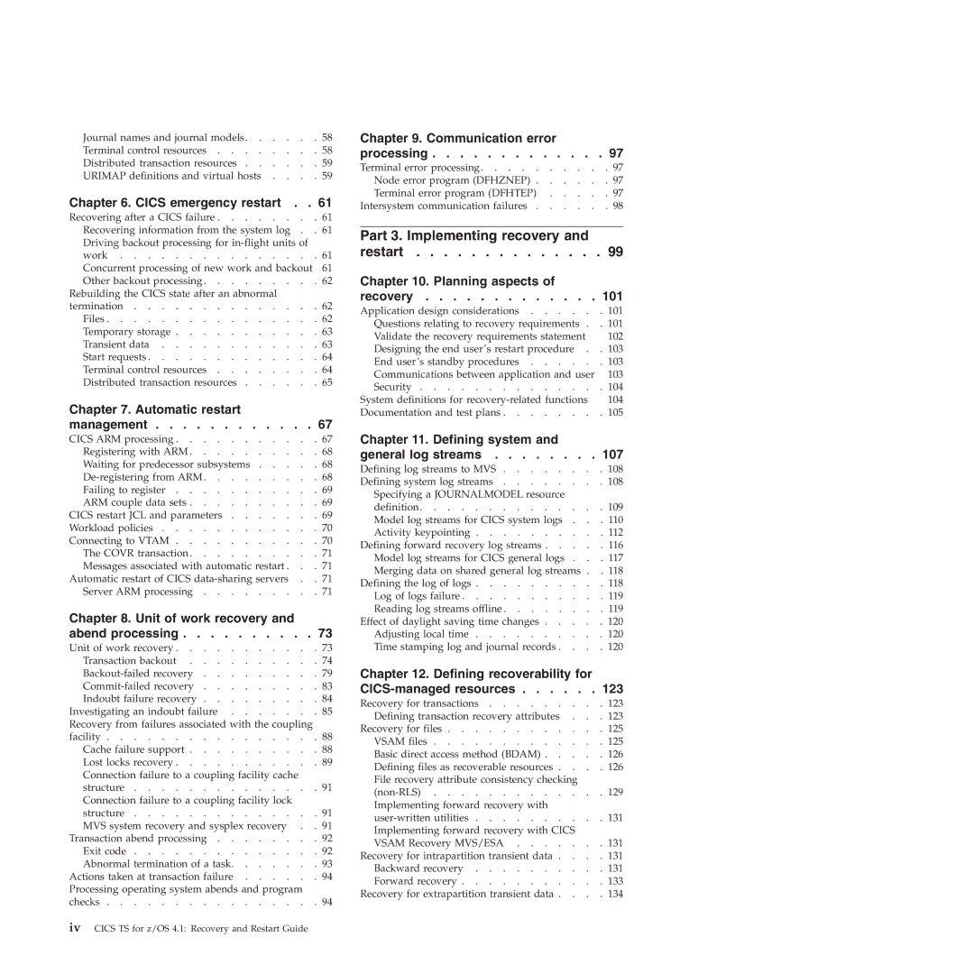 IBM SC34-7012-01 manual Part 3. Implementing recovery, Restart 