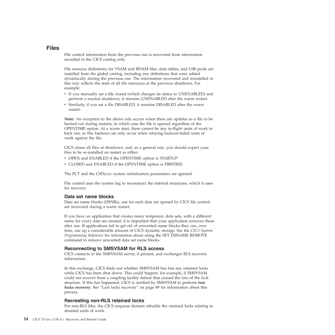 IBM SC34-7012-01 manual Data set name blocks, Reconnecting to Smsvsam for RLS access, Recreating non-RLS retained locks 