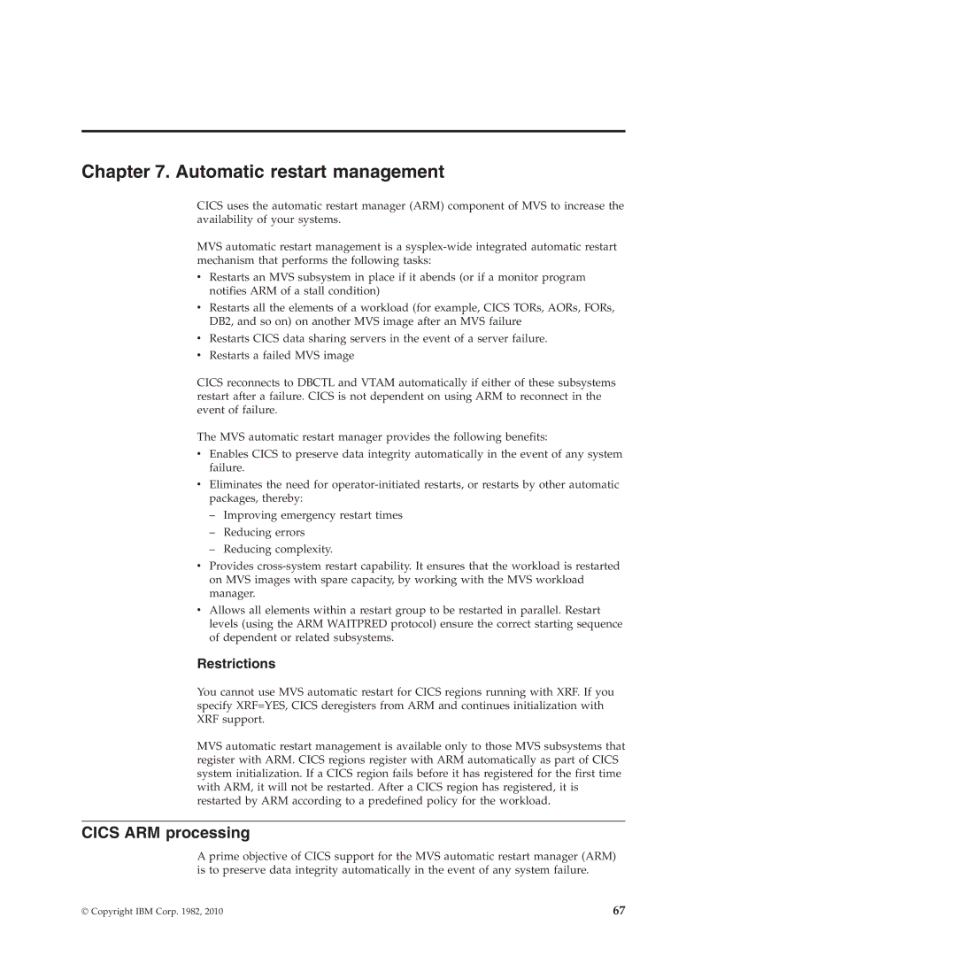 IBM SC34-7012-01 manual Automatic restart management, Cics ARM processing, Restrictions 