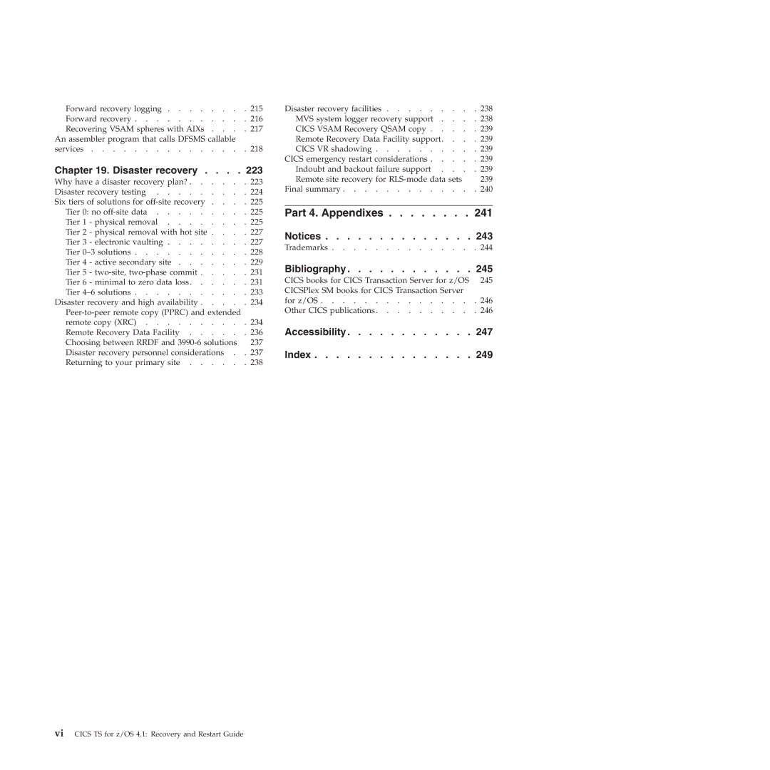 IBM SC34-7012-01 manual Part 4. Appendixes 241, Disaster recovery 223 