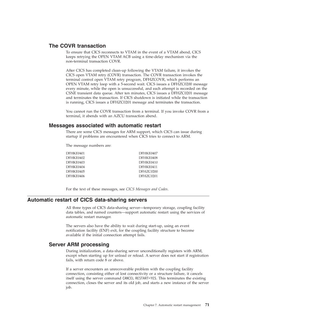 IBM SC34-7012-01 manual Covr transaction, Messages associated with automatic restart, Server ARM processing 