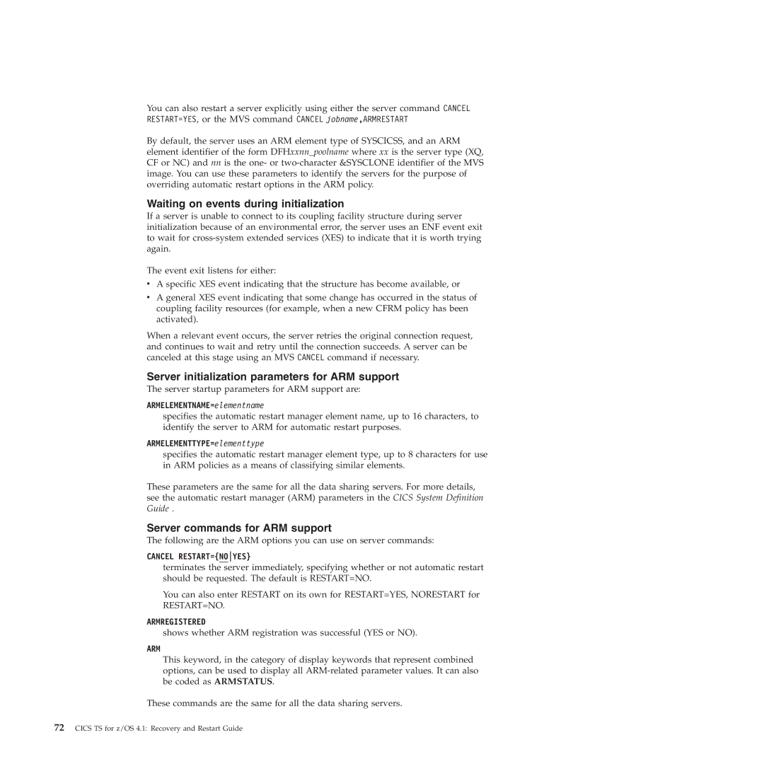 IBM SC34-7012-01 manual Waiting on events during initialization, Server initialization parameters for ARM support 