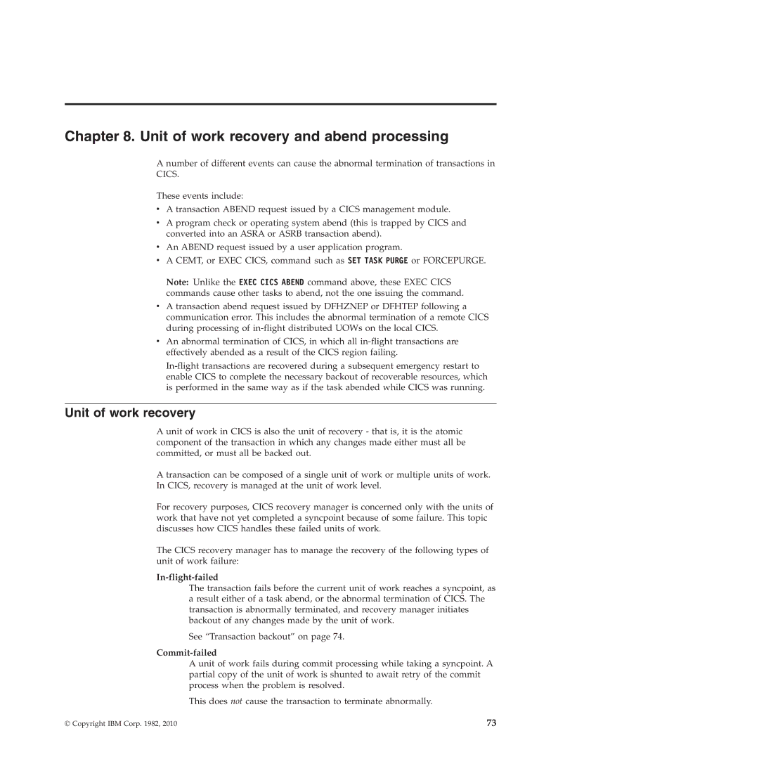 IBM SC34-7012-01 manual Unit of work recovery and abend processing, In-flight-failed, Commit-failed 