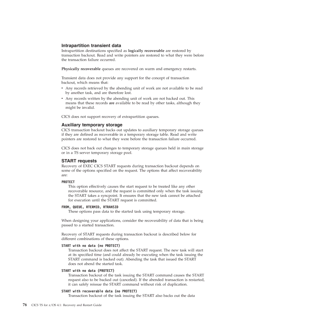 IBM SC34-7012-01 manual Intrapartition transient data, Auxiliary temporary storage, Start requests 