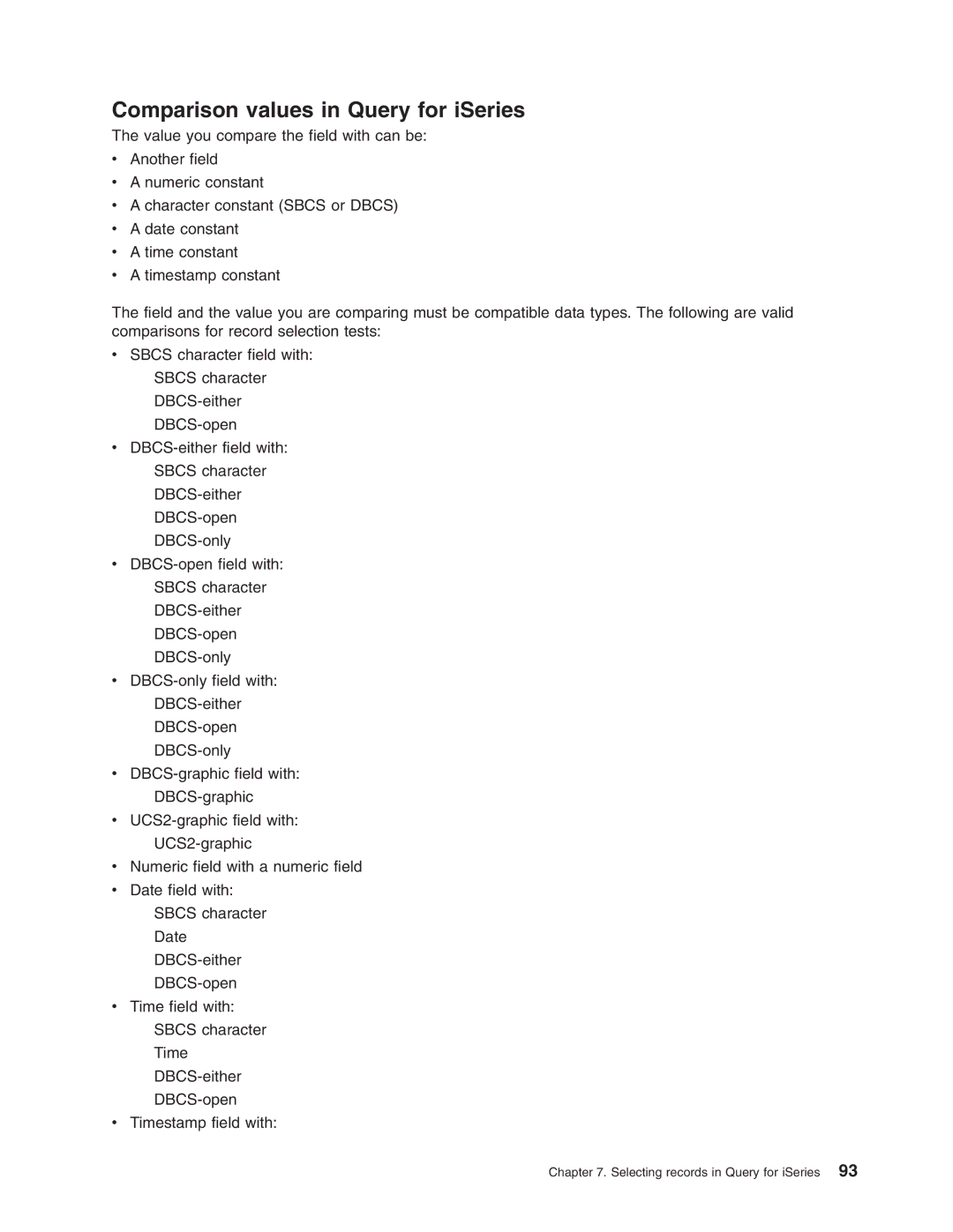 IBM SC41-5210-04 manual Comparison values in Query for iSeries 