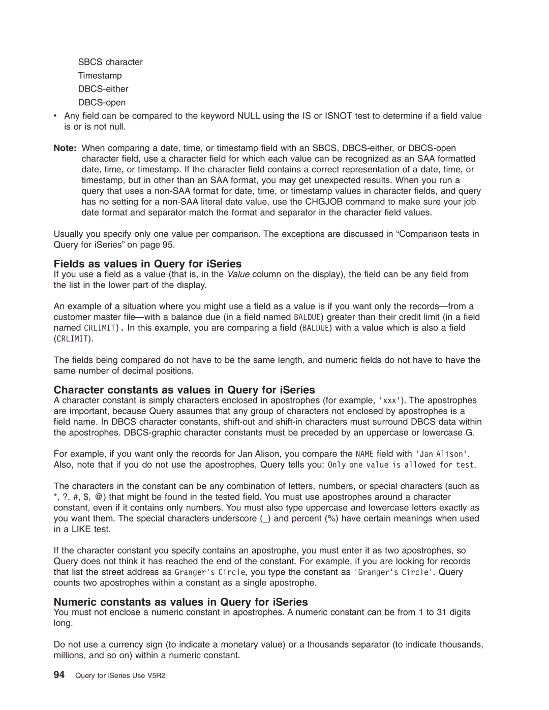 IBM SC41-5210-04 manual Fields as values in Query for iSeries, Character constants as values in Query for iSeries 