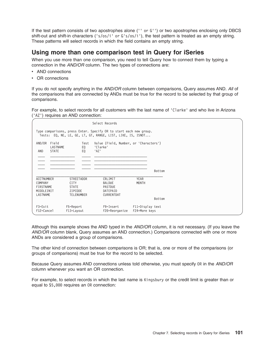 IBM SC41-5210-04 manual Using more than one comparison test in Query for iSeries, Lastname 