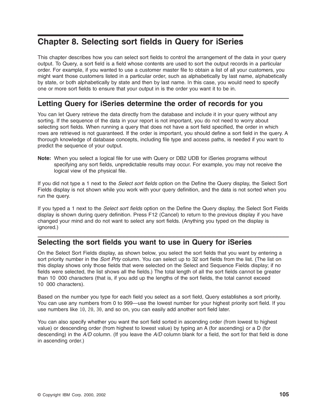 IBM SC41-5210-04 manual Selecting sort fields in Query for iSeries, 105 