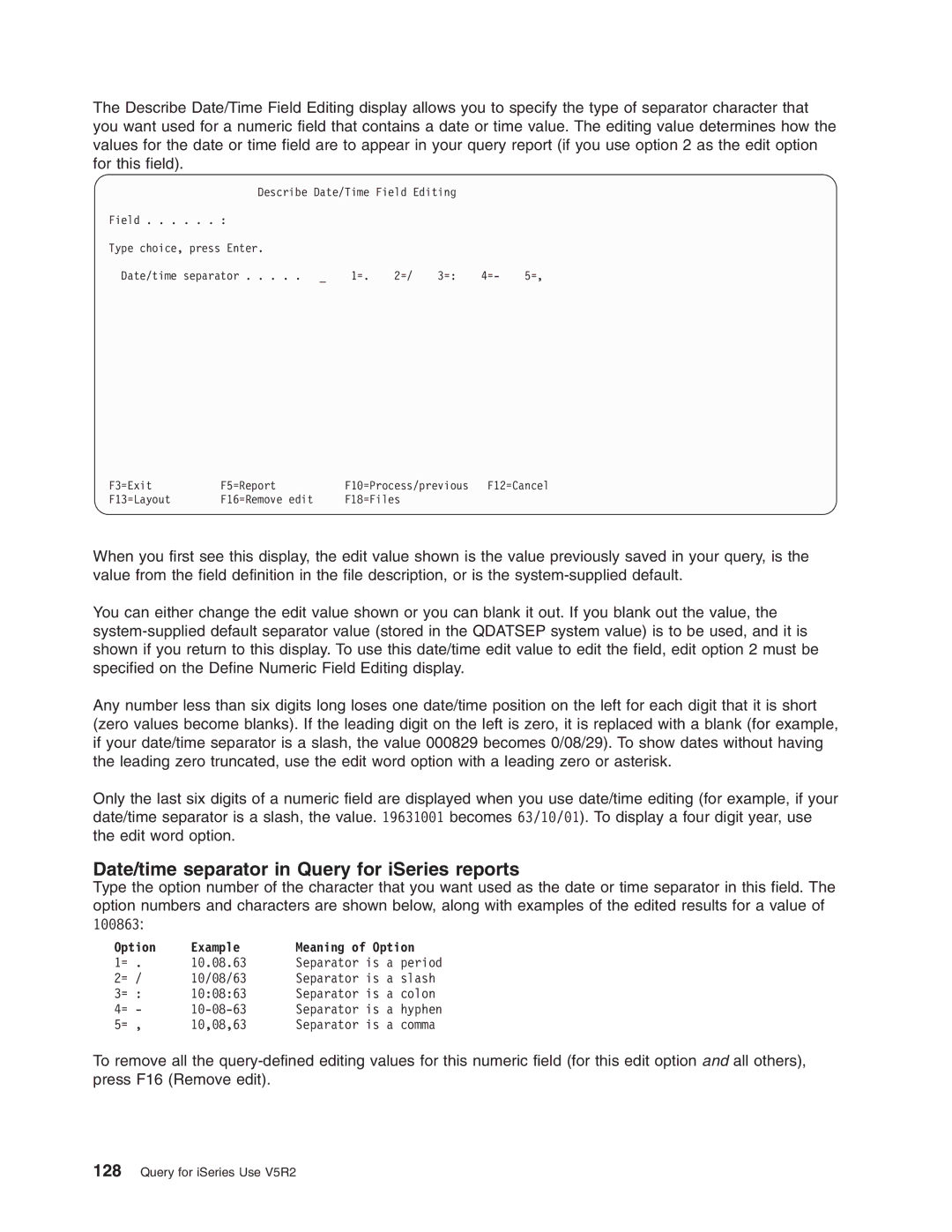 IBM SC41-5210-04 manual Date/time separator in Query for iSeries reports 