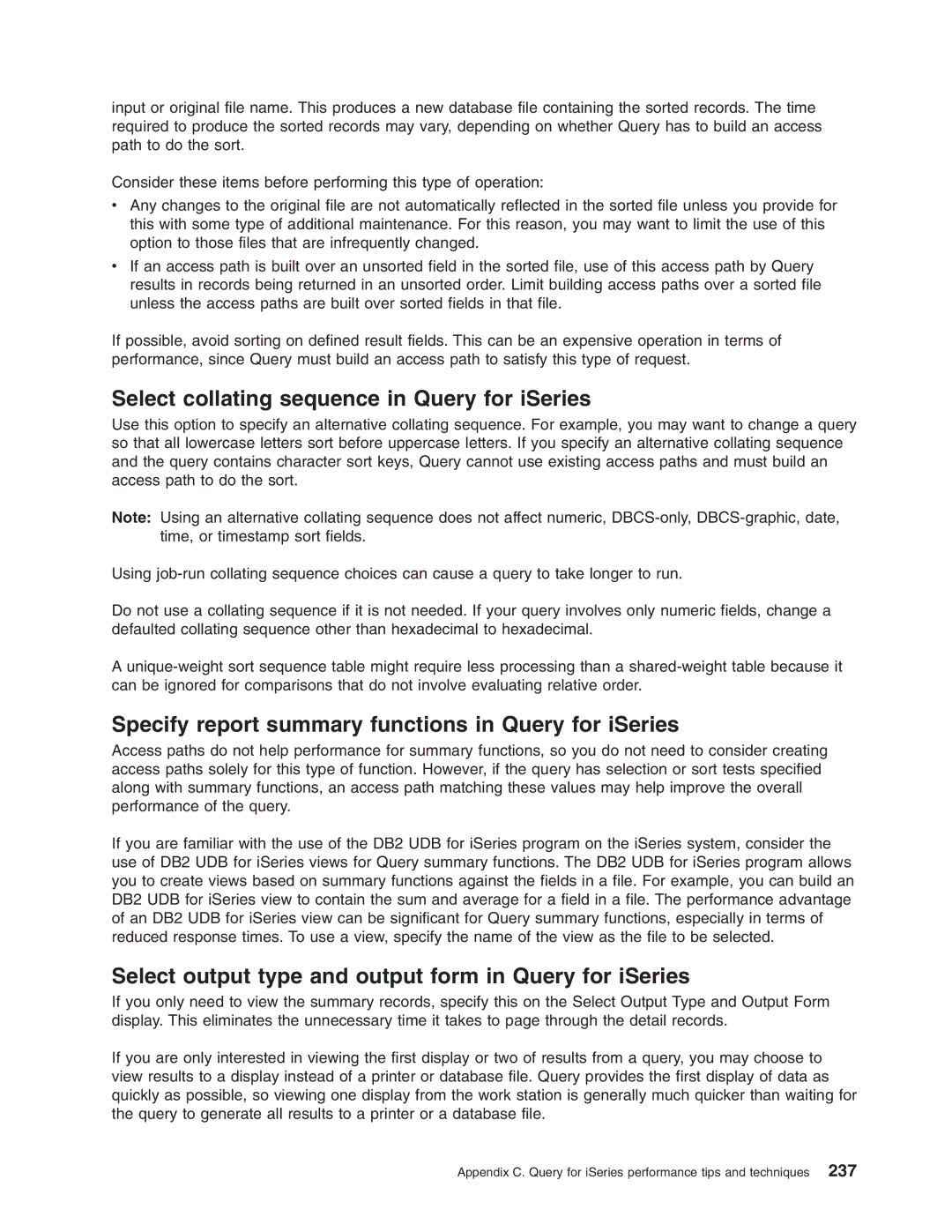 IBM SC41-5210-04 Select collating sequence in Query for iSeries, Specify report summary functions in Query for iSeries 