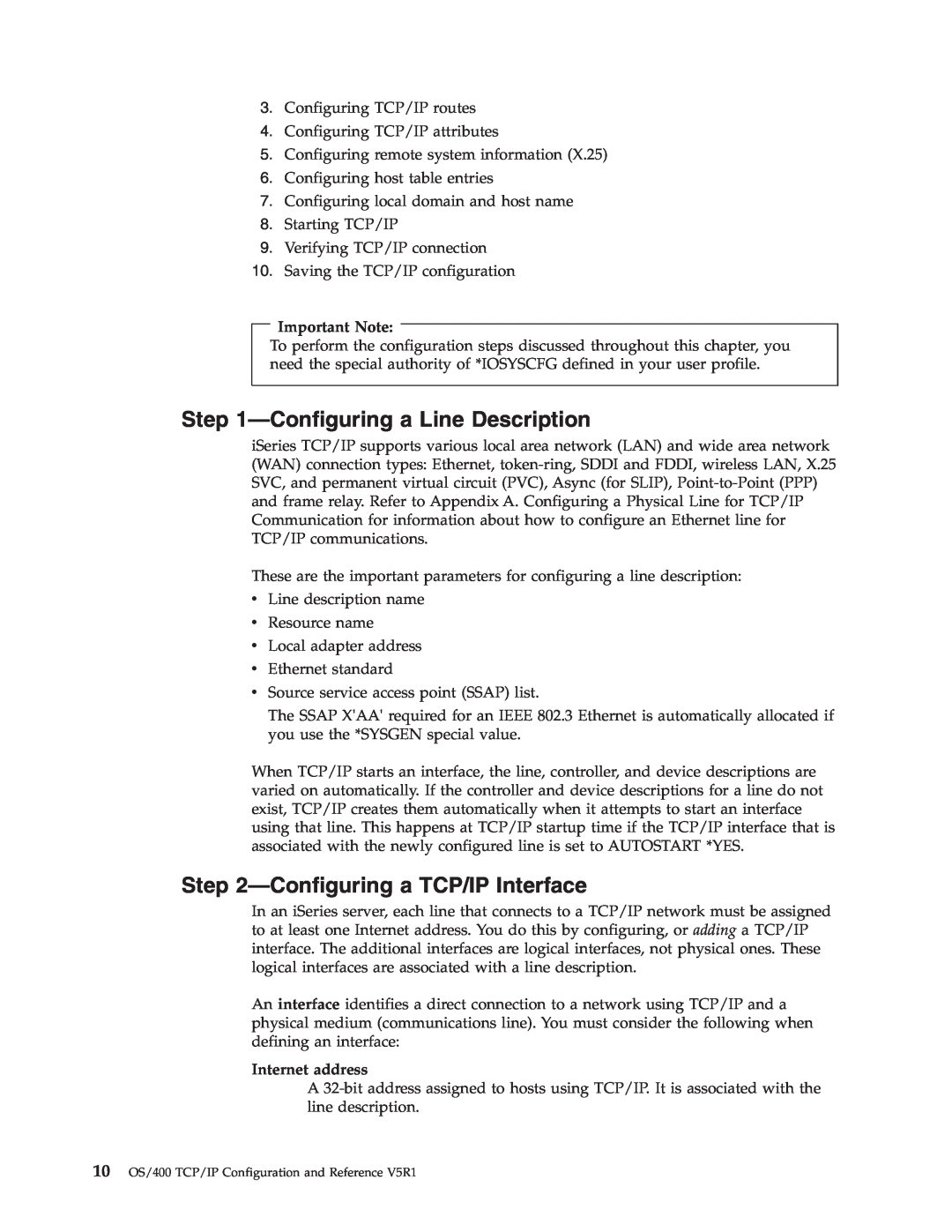 IBM SC41-5420-04 manual Configuringa Line Description, Configuringa TCP/IP Interface, Important Note, Internet address 