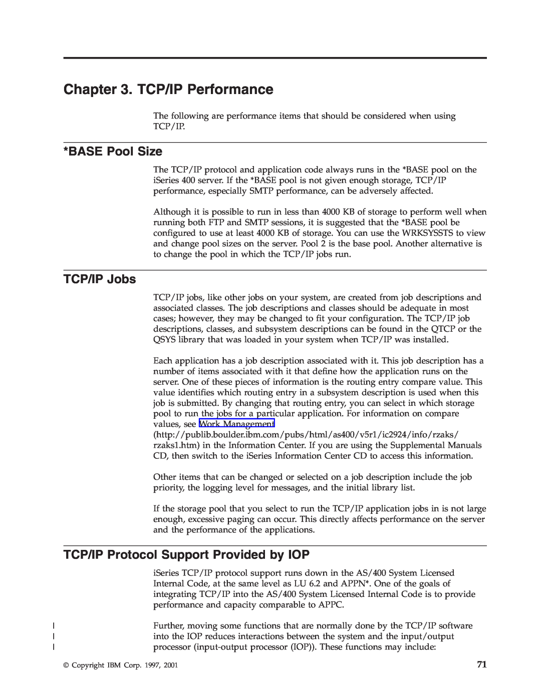 IBM SC41-5420-04 manual TCP/IP Performance, BASE Pool Size, TCP/IP Jobs, TCP/IP Protocol Support Provided by IOP 