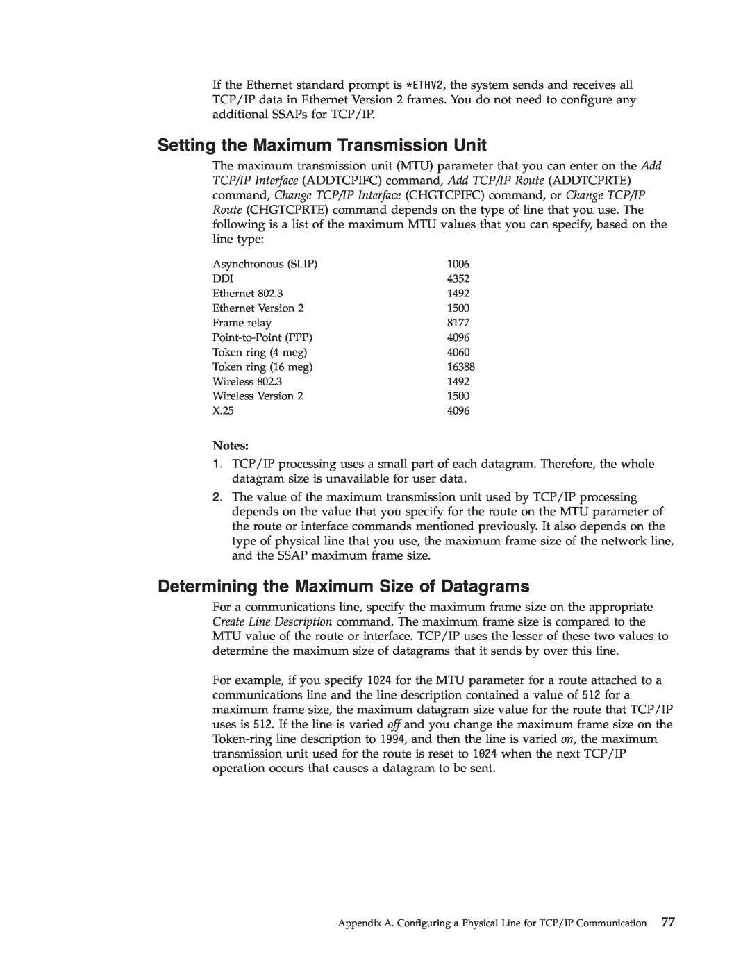 IBM SC41-5420-04 manual Setting the Maximum Transmission Unit, Determining the Maximum Size of Datagrams, Notes 
