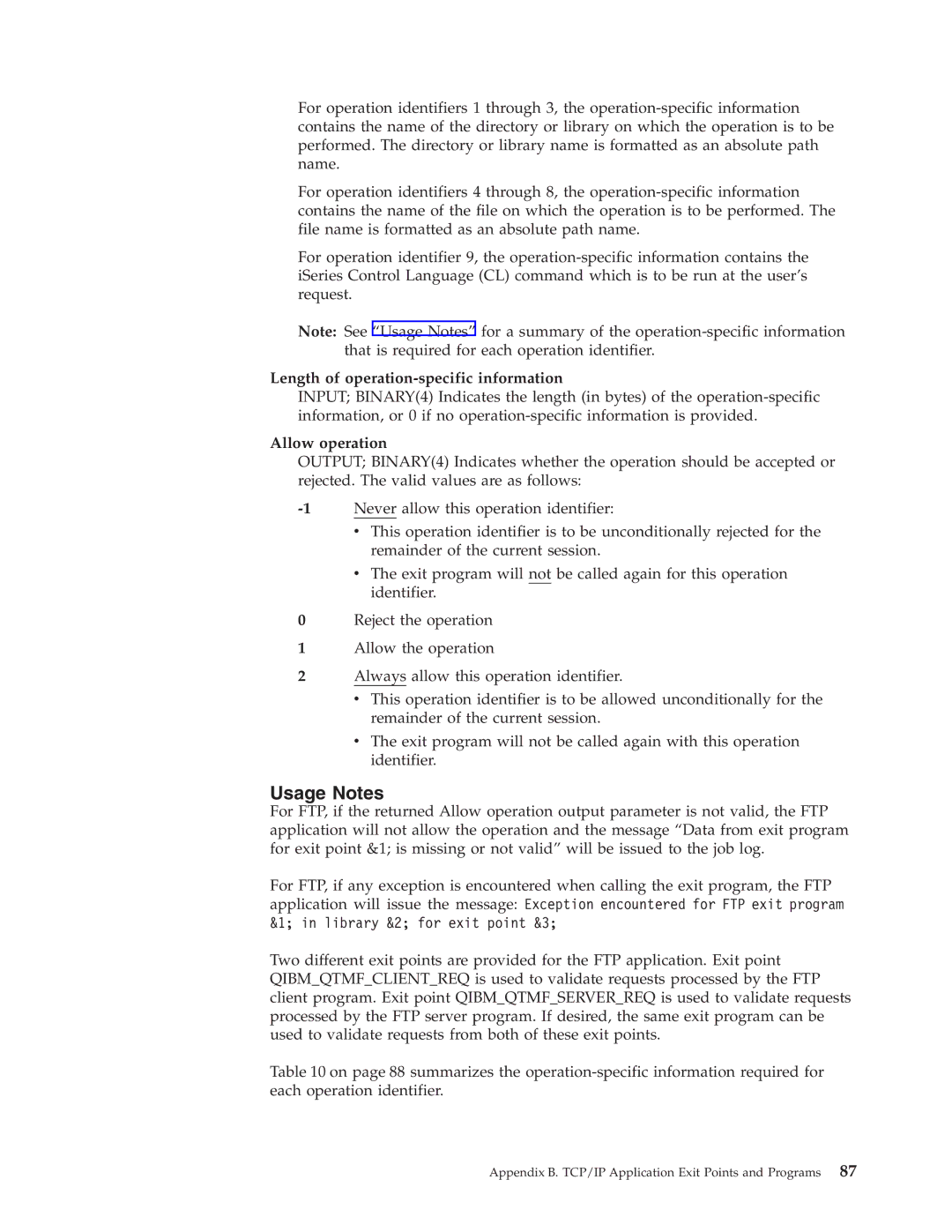 IBM SC41-5420-04 manual Usage Notes, Length of operation-specific information, Allow operation 