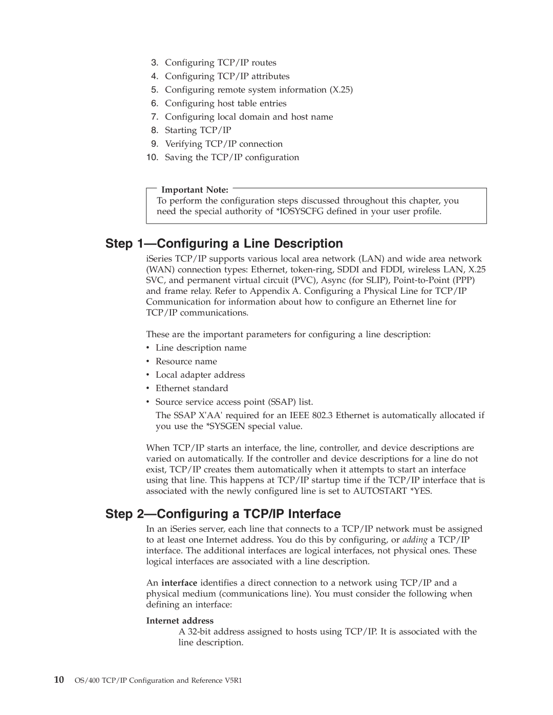 IBM SC41-5420-04 manual Configuring a Line Description, Configuring a TCP/IP Interface, Important Note, Internet address 