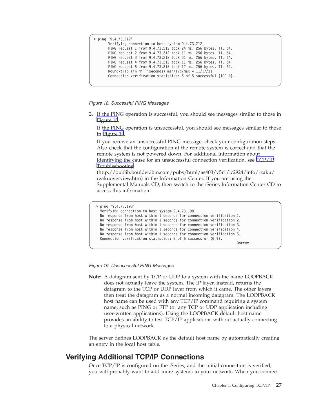 IBM SC41-5420-04 manual Verifying Additional TCP/IP Connections, Successful Ping Messages 