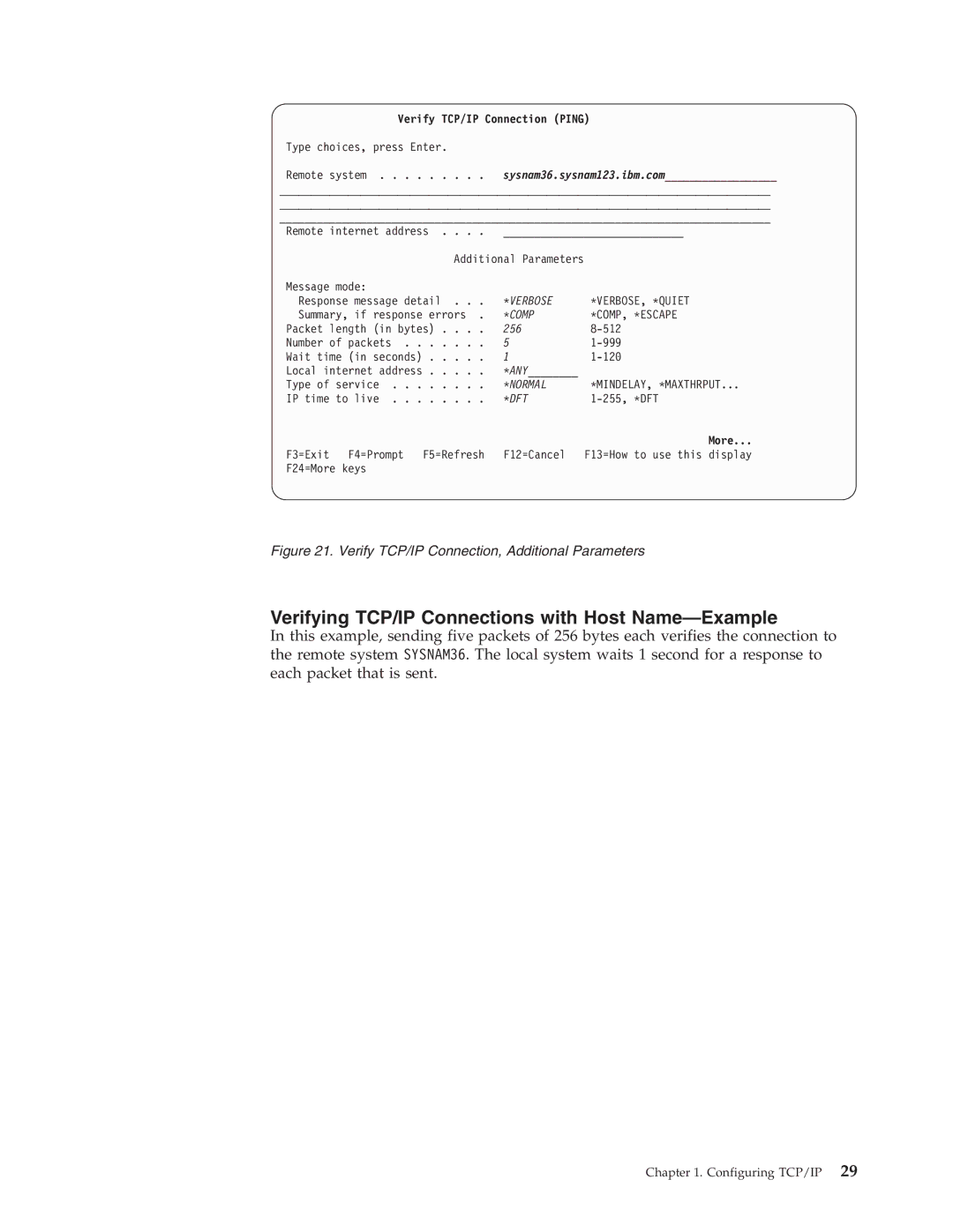 IBM SC41-5420-04 Verifying TCP/IP Connections with Host Name-Example, Verify TCP/IP Connection Ping, Verbose, *Quiet, More 