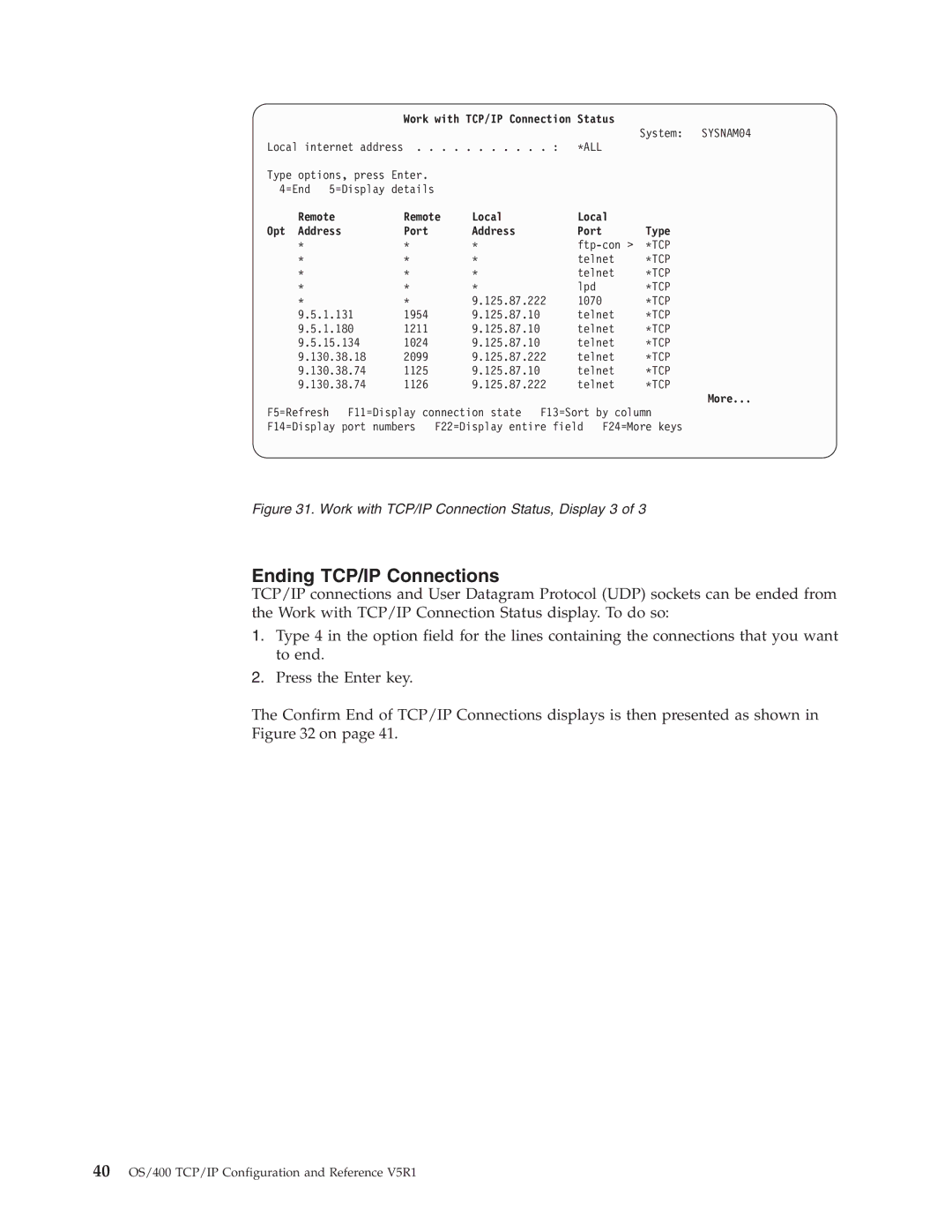 IBM SC41-5420-04 manual Ending TCP/IP Connections, All, Remote Local Opt Address Port Type, Tcp 