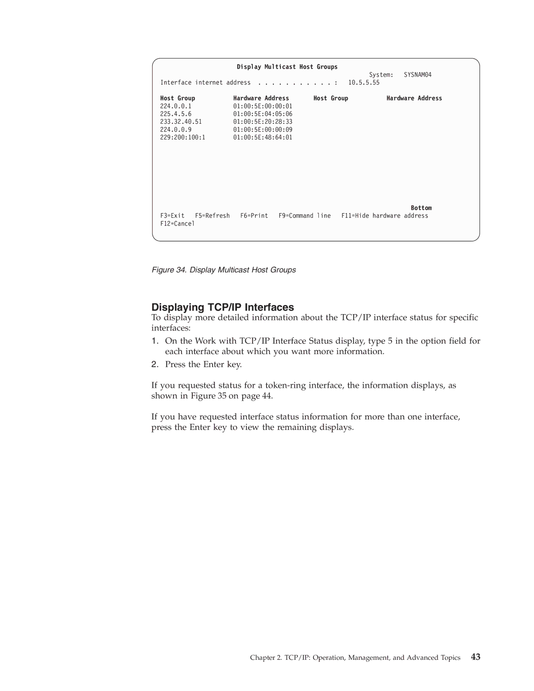 IBM SC41-5420-04 manual Displaying TCP/IP Interfaces, Display Multicast Host Groups, Host Group Hardware Address 