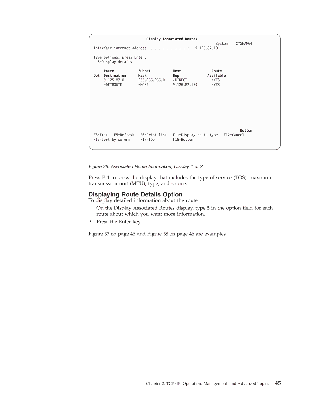 IBM SC41-5420-04 Displaying Route Details Option, Display Associated Routes, Route Subnet Next Opt Destination Mask Hop 