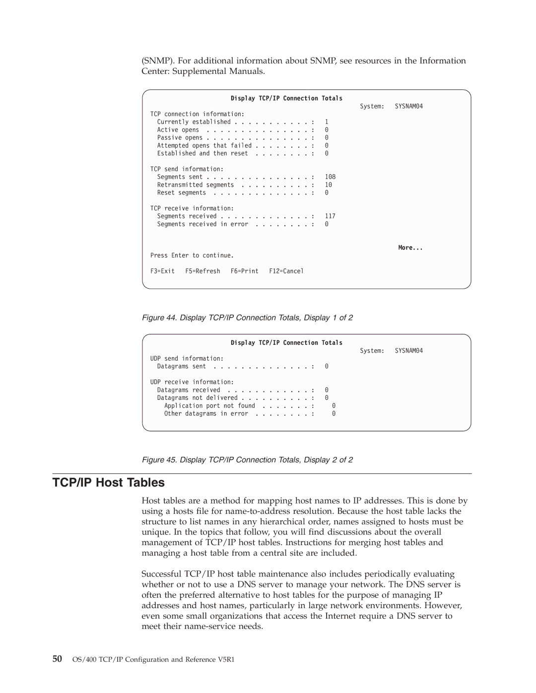 IBM SC41-5420-04 manual TCP/IP Host Tables, Display TCP/IP Connection Totals 