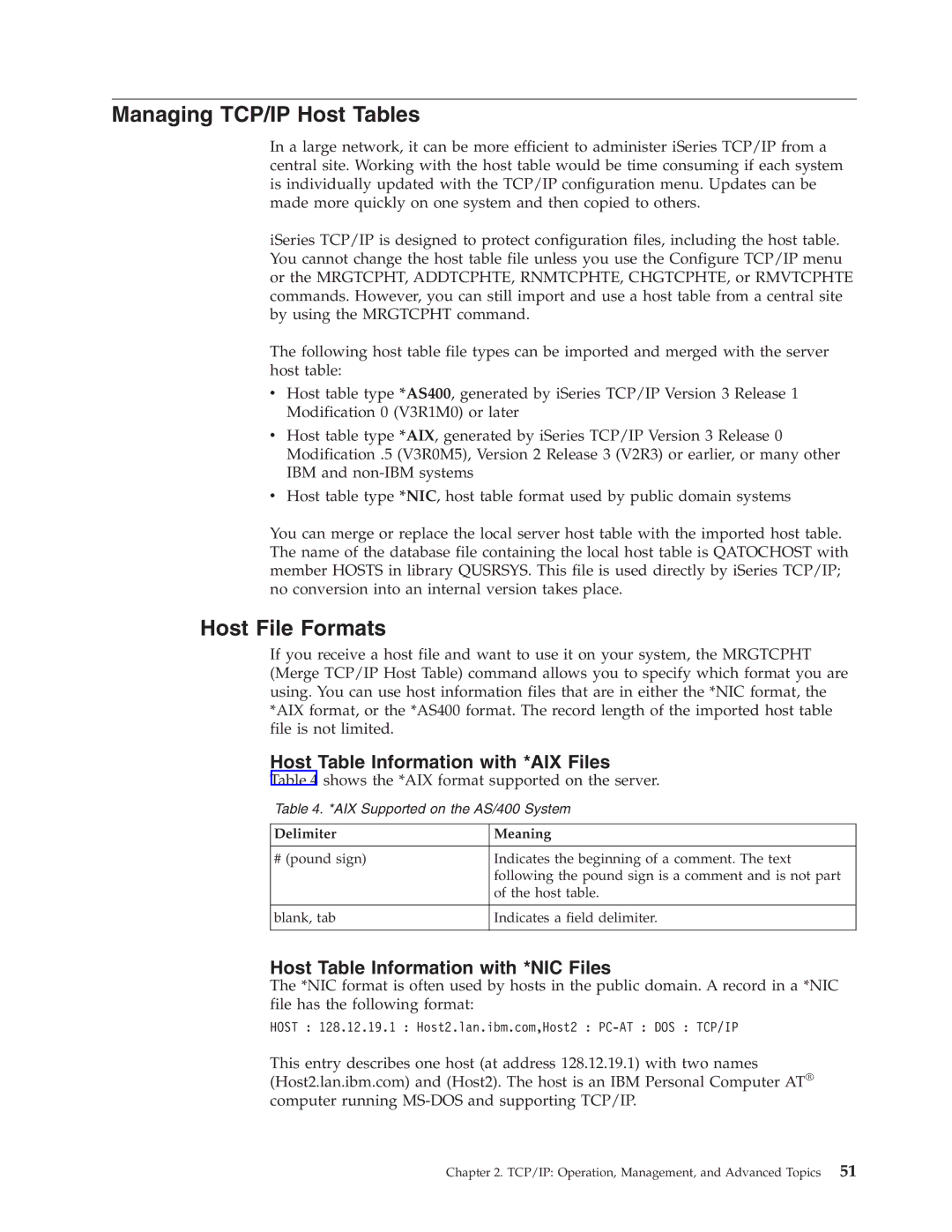 IBM SC41-5420-04 manual Managing TCP/IP Host Tables, Host File Formats, Host Table Information with *AIX Files 