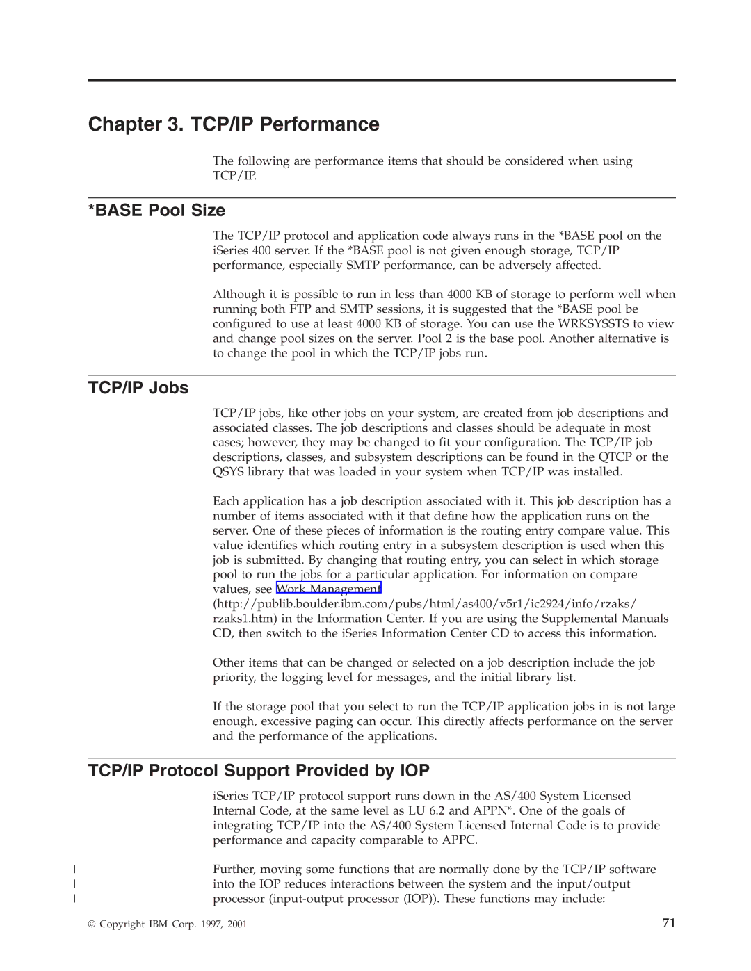 IBM SC41-5420-04 manual Base Pool Size, TCP/IP Jobs, TCP/IP Protocol Support Provided by IOP 