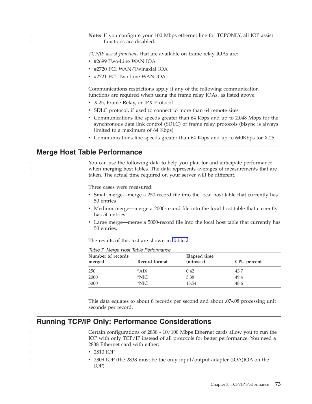 IBM SC41-5420-04 manual Merge Host Table Performance, Running TCP/IP Only Performance Considerations 