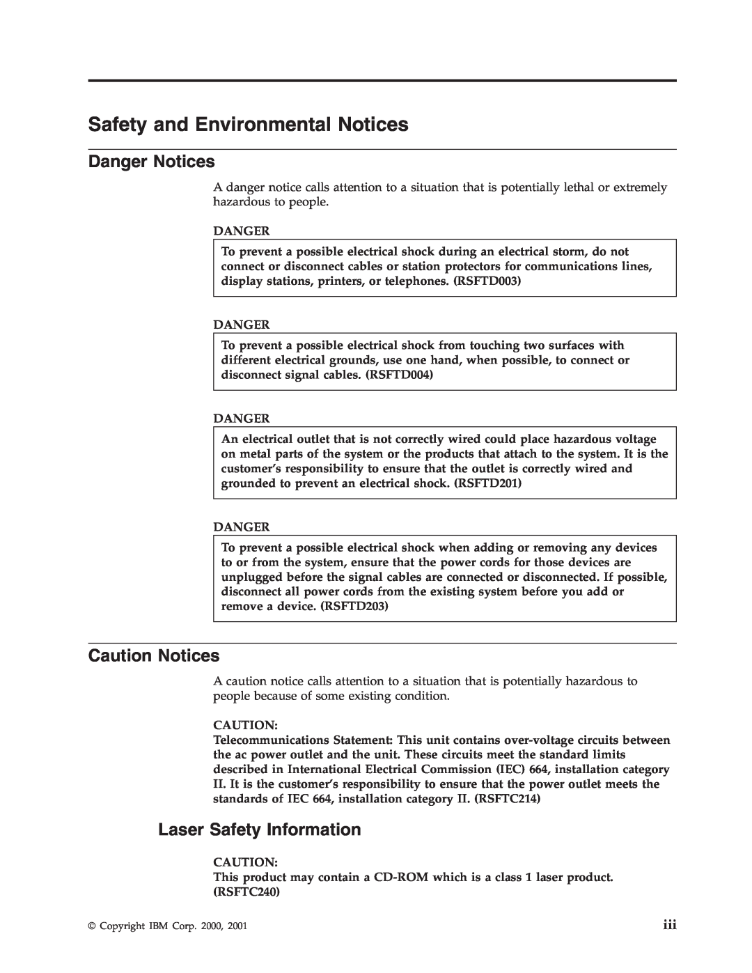 IBM SENG-3002-01 manual Safety and Environmental Notices, Danger Notices, Caution Notices, Laser Safety Information 