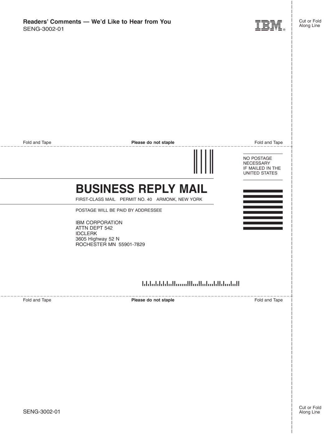 IBM SENG-3002-01 manual Business Reply Mail 