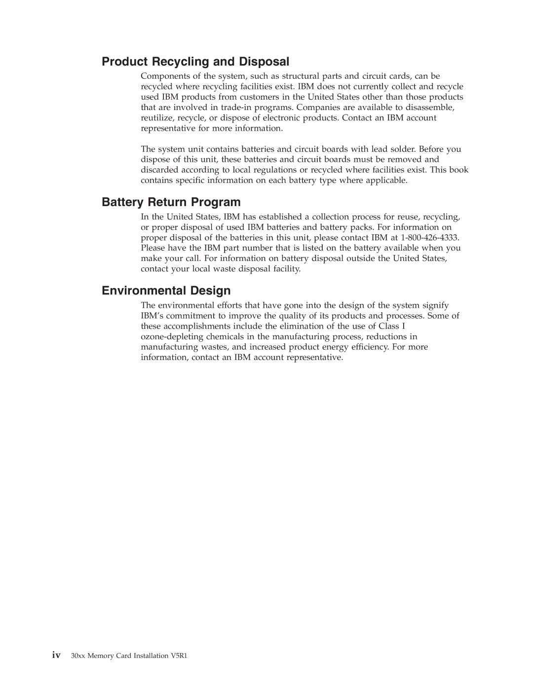 IBM SENG-3002-01 manual Product Recycling and Disposal, Battery Return Program, Environmental Design 